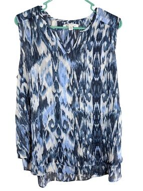 3/$20 Cristina B. Sleeveless Blue Ikat Print V-Neck Blouse Size Large